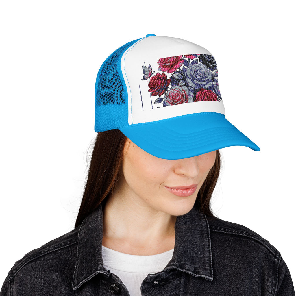 Rose Pixel Art Trucker Hat — Floral Retro Foam Mesh Cap