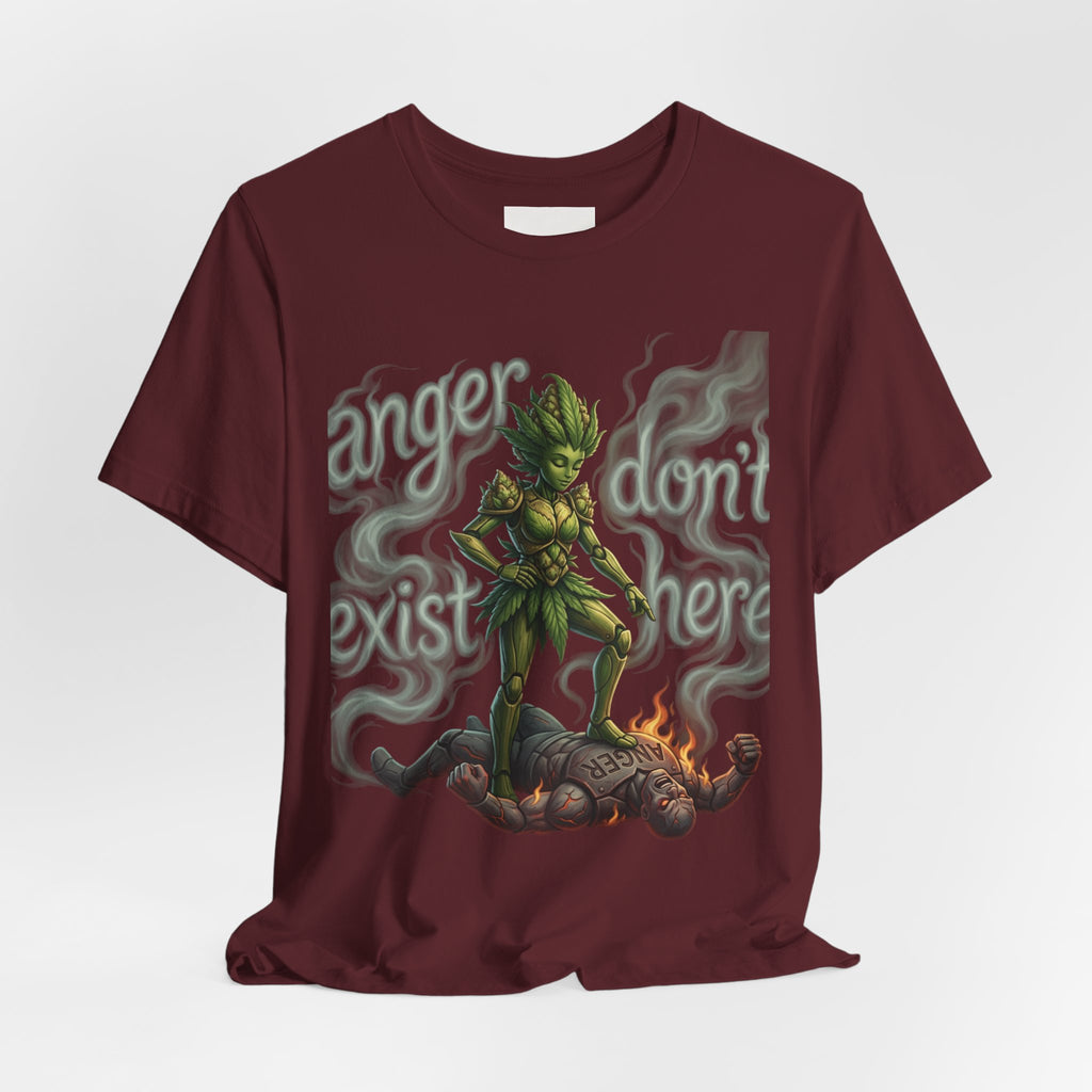T-Shirt — 'Anger Don't Exist Here' Green Forest Spirit Graphic Tee (Front/Back Cannabis Plant Design)