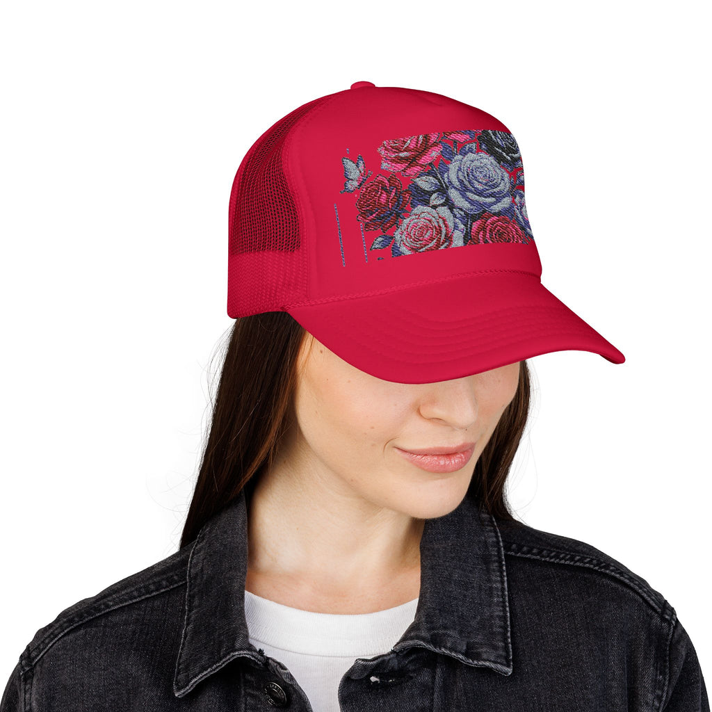 Rose Pixel Art Trucker Hat — Floral Retro Foam Mesh Cap
