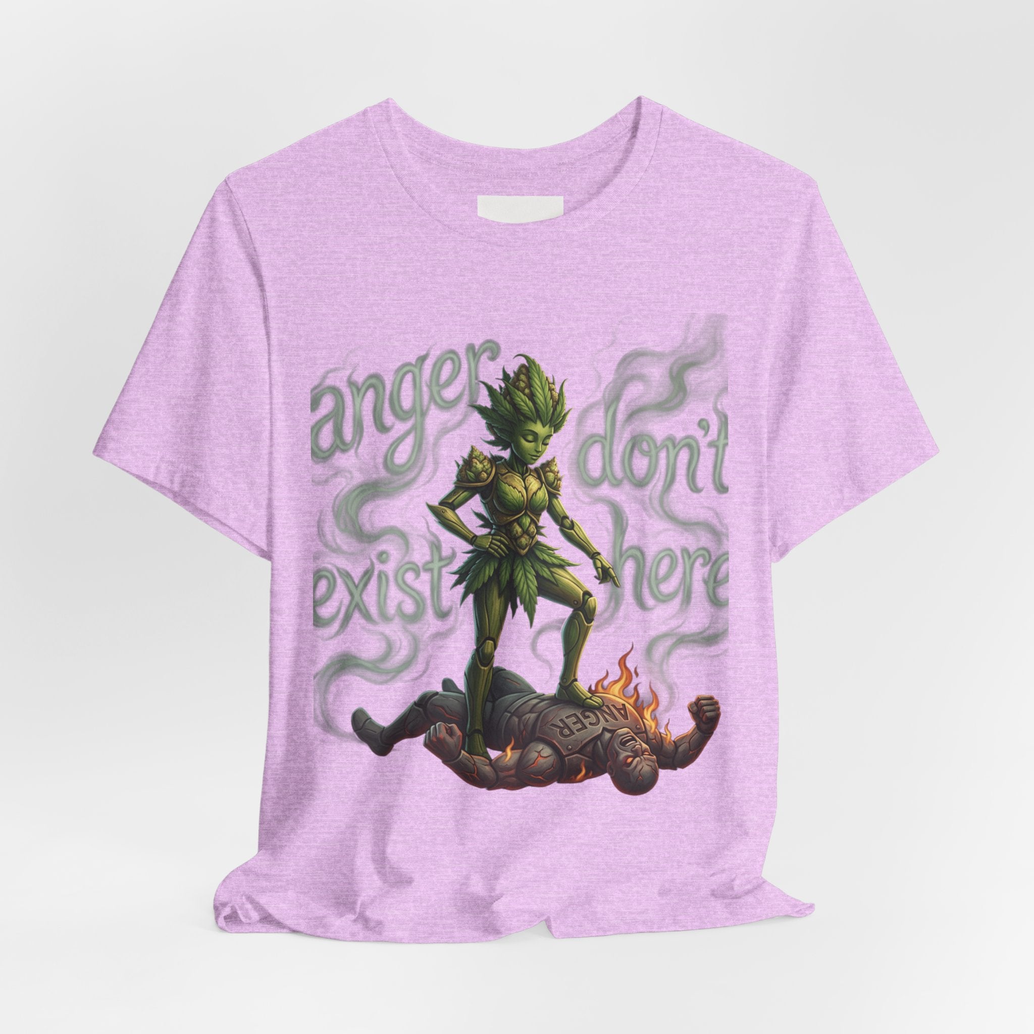 T-Shirt — 'Anger Don't Exist Here' Green Forest Spirit Graphic Tee (Front/Back Cannabis Plant Design)