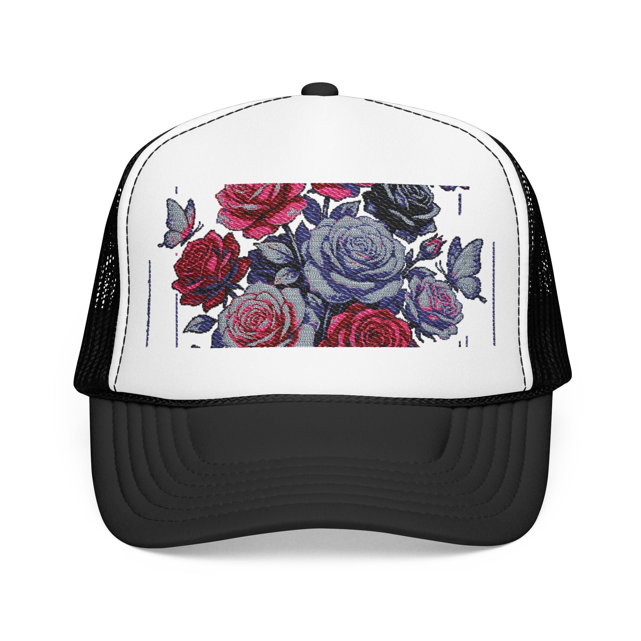 Rose Pixel Art Trucker Hat — Floral Retro Foam Mesh Cap