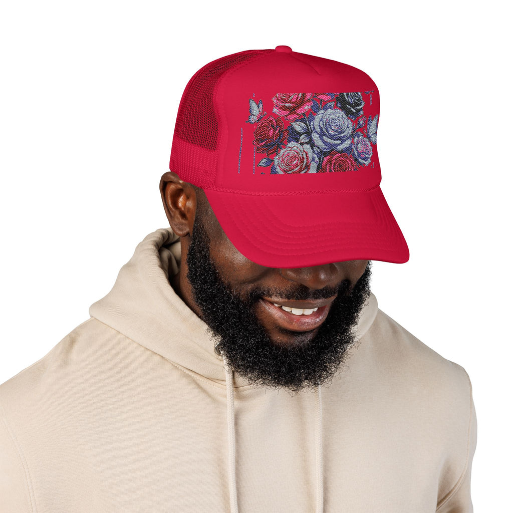 Rose Pixel Art Trucker Hat — Floral Retro Foam Mesh Cap