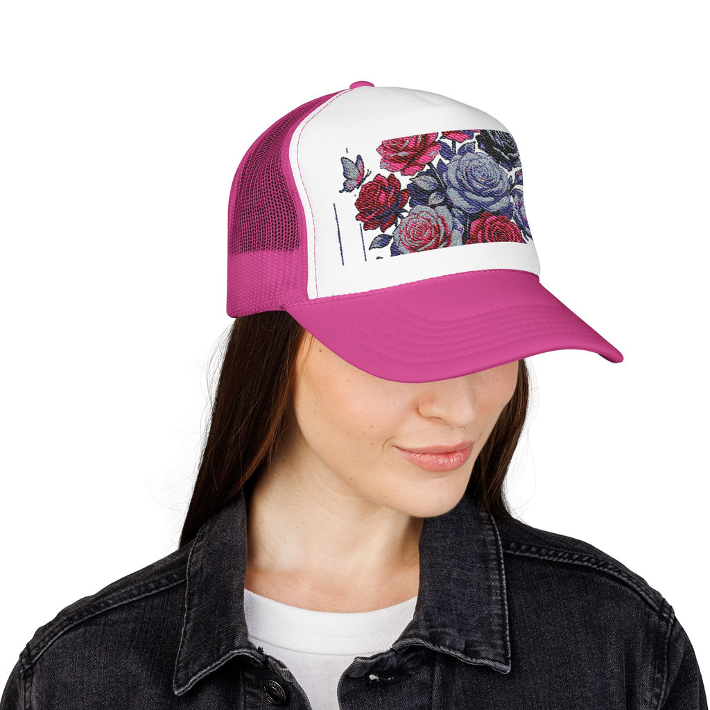 Rose Pixel Art Trucker Hat — Floral Retro Foam Mesh Cap