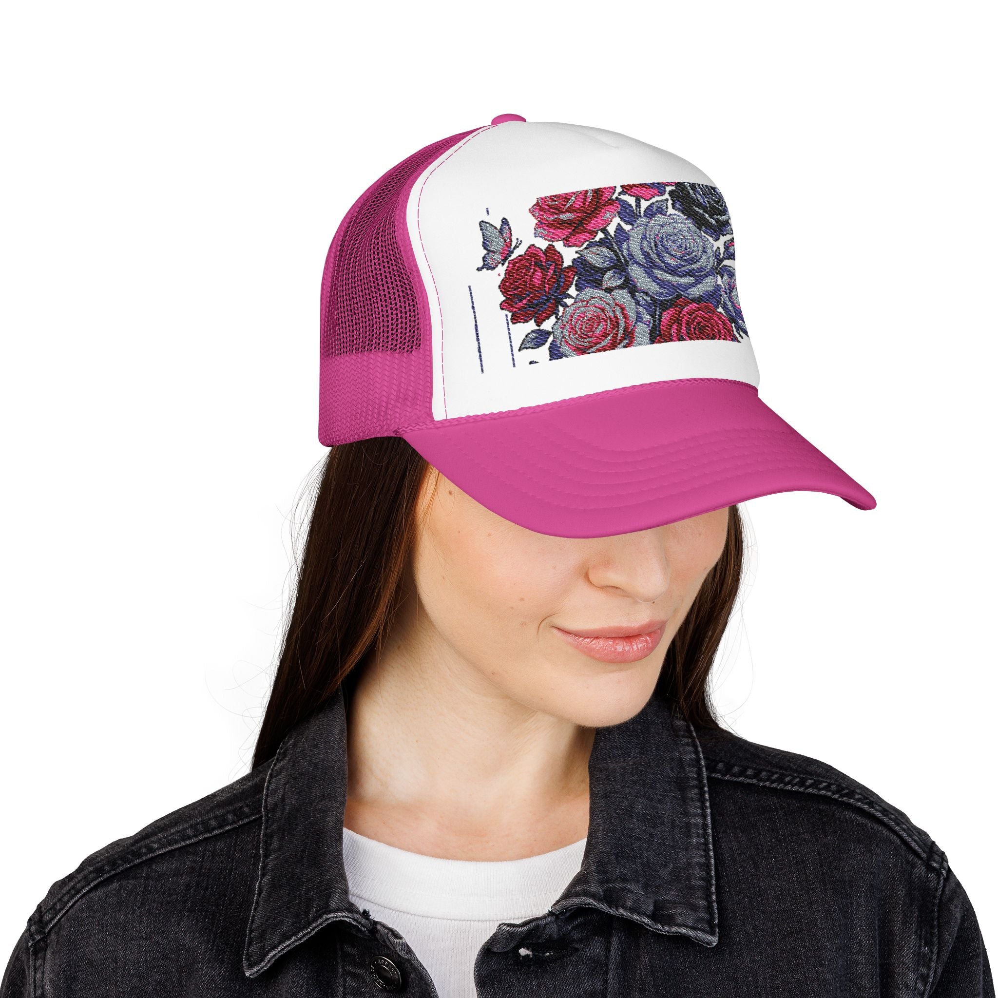 Rose Pixel Art Trucker Hat — Floral Retro Foam Mesh Cap