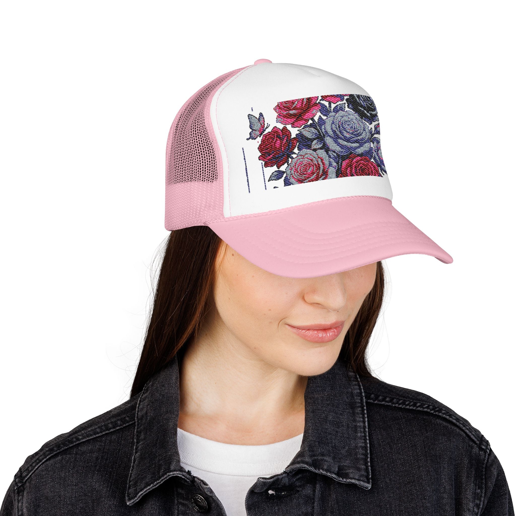 Rose Pixel Art Trucker Hat — Floral Retro Foam Mesh Cap