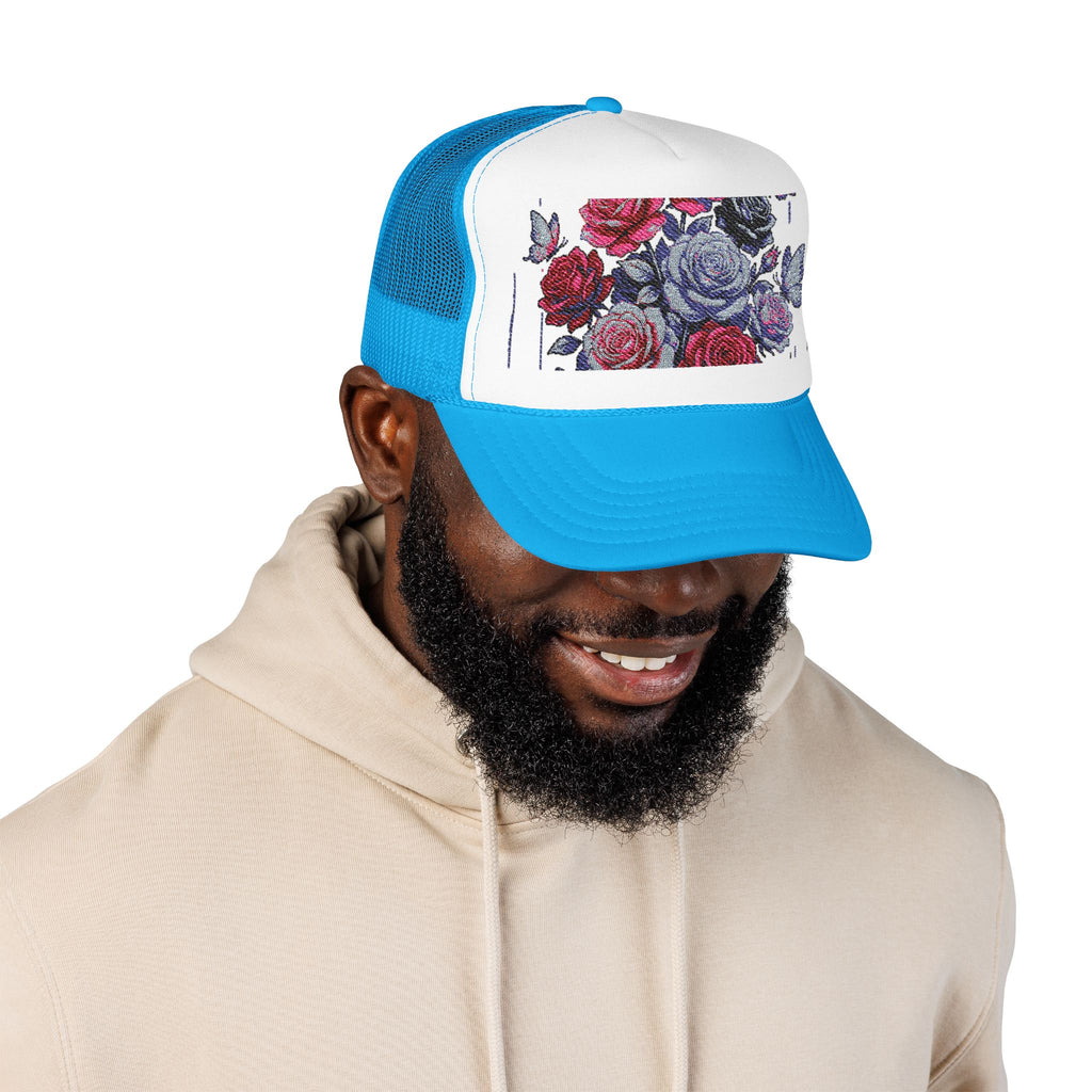 Rose Pixel Art Trucker Hat — Floral Retro Foam Mesh Cap