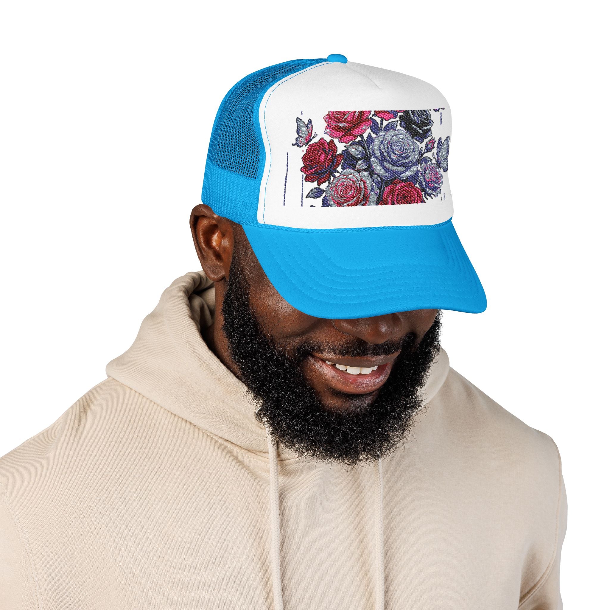 Rose Pixel Art Trucker Hat — Floral Retro Foam Mesh Cap