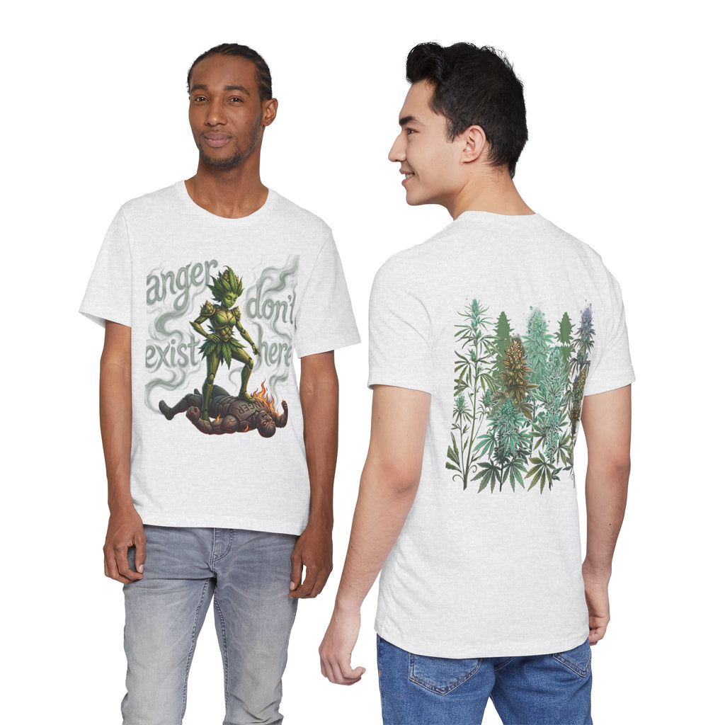 T-Shirt — 'Anger Don't Exist Here' Green Forest Spirit Graphic Tee (Front/Back Cannabis Plant Design)