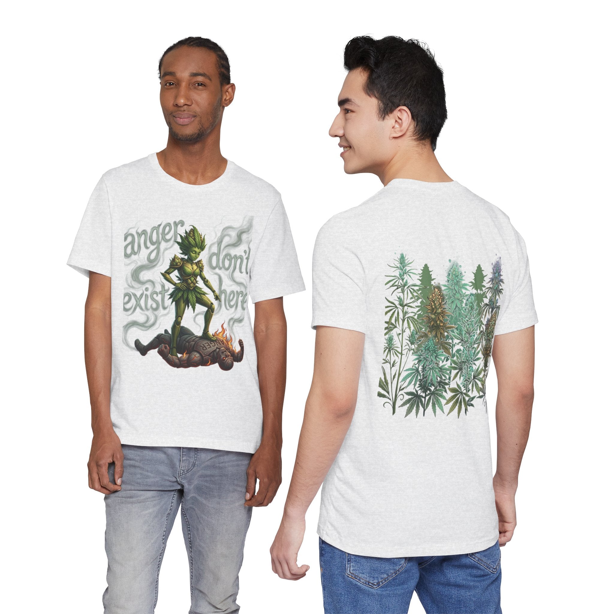 T-Shirt — 'Anger Don't Exist Here' Green Forest Spirit Graphic Tee (Front/Back Cannabis Plant Design)
