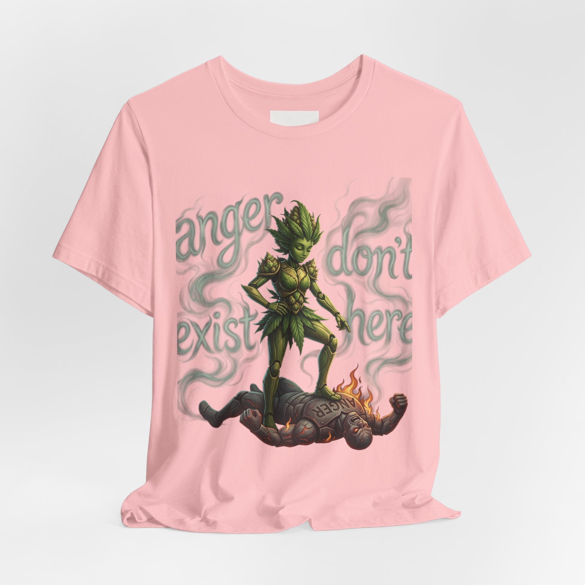 T-Shirt — 'Anger Don't Exist Here' Green Forest Spirit Graphic Tee (Front/Back Cannabis Plant Design)