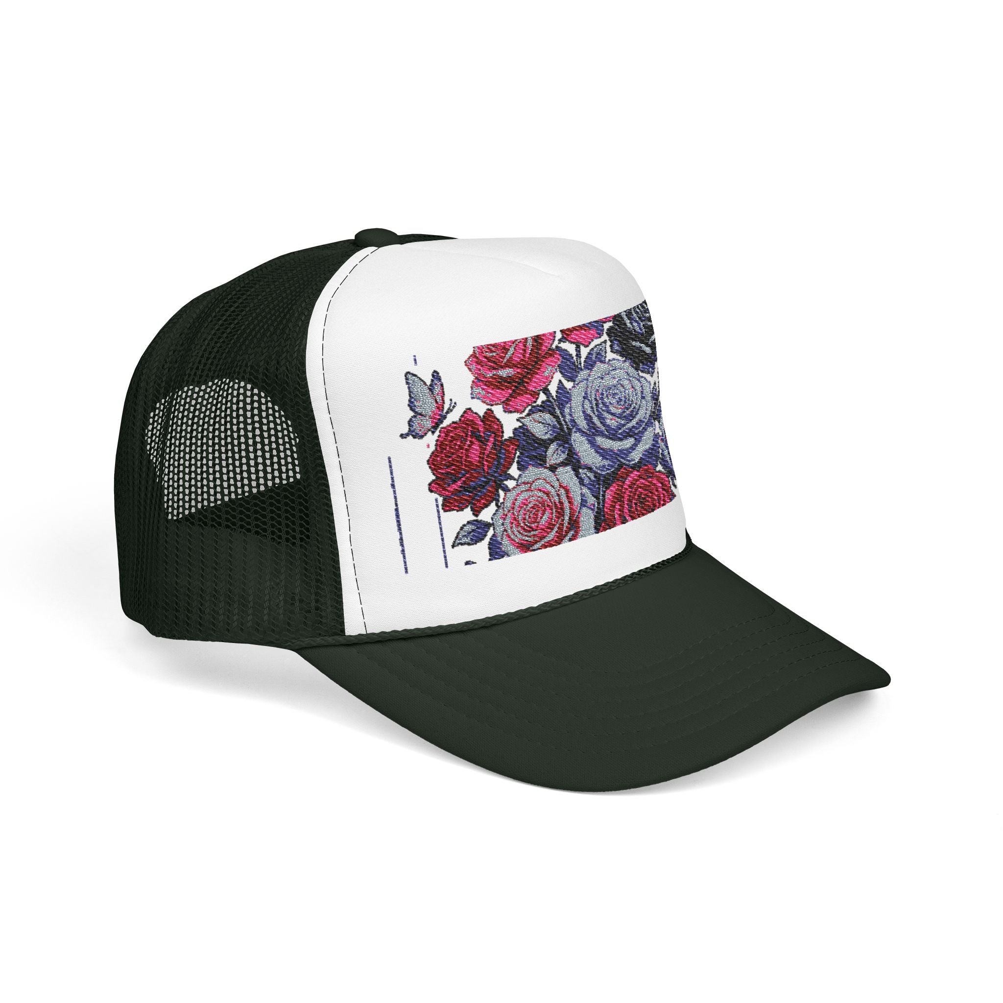Rose Pixel Art Trucker Hat — Floral Retro Foam Mesh Cap
