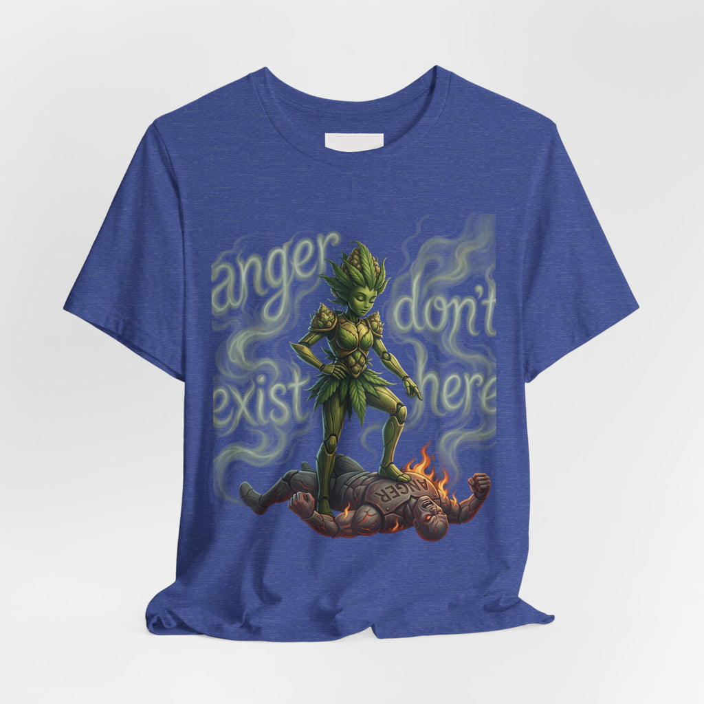 T-Shirt — 'Anger Don't Exist Here' Green Forest Spirit Graphic Tee (Front/Back Cannabis Plant Design)