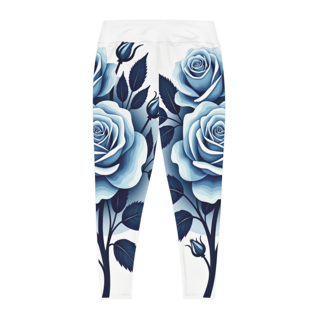 Plus Size Blue Rose Leggings — Floral All-Over Print High-Waist Activewear