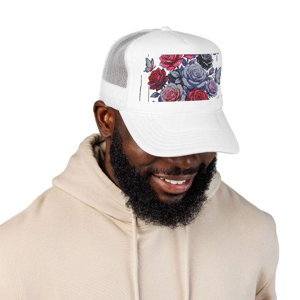 Rose Pixel Art Trucker Hat — Floral Retro Foam Mesh Cap