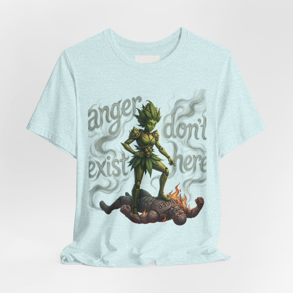 T-Shirt — 'Anger Don't Exist Here' Green Forest Spirit Graphic Tee (Front/Back Cannabis Plant Design)