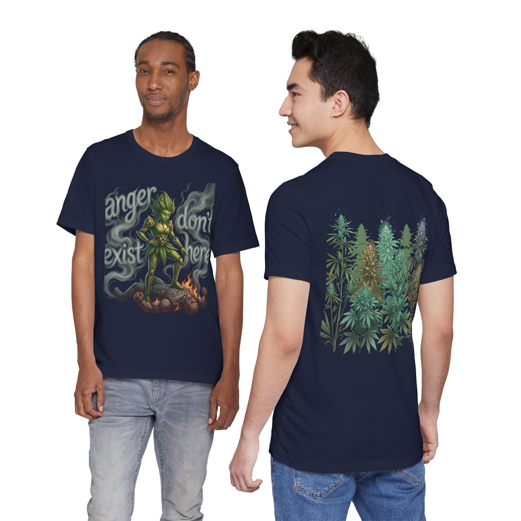 T-Shirt — 'Anger Don't Exist Here' Green Forest Spirit Graphic Tee (Front/Back Cannabis Plant Design)