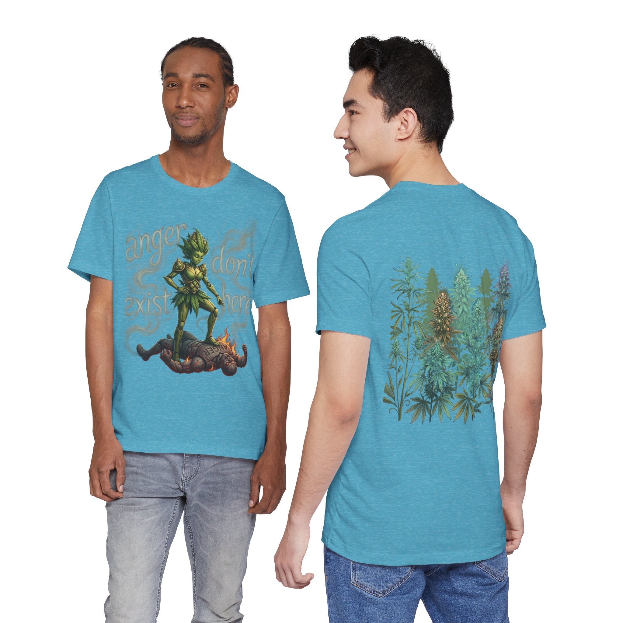 T-Shirt — 'Anger Don't Exist Here' Green Forest Spirit Graphic Tee (Front/Back Cannabis Plant Design)
