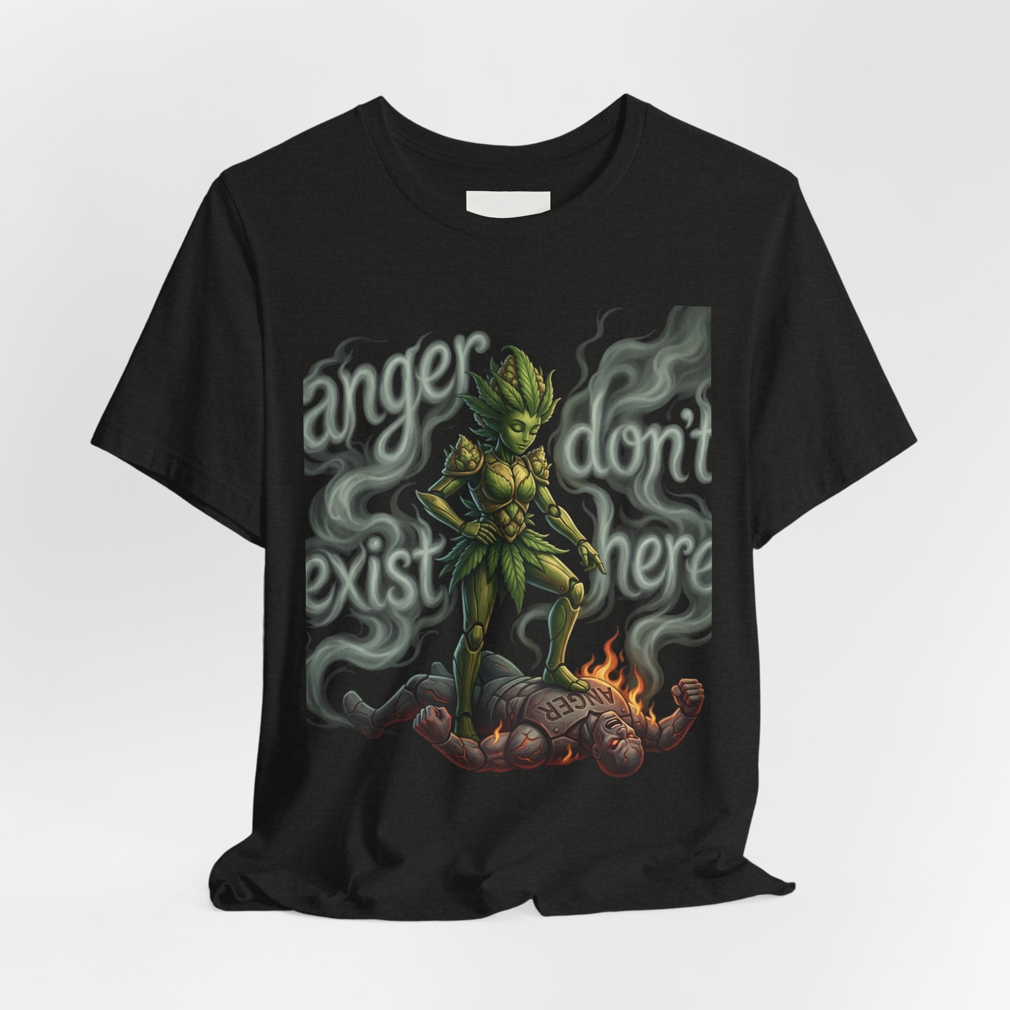 T-Shirt — 'Anger Don't Exist Here' Green Forest Spirit Graphic Tee (Front/Back Cannabis Plant Design)