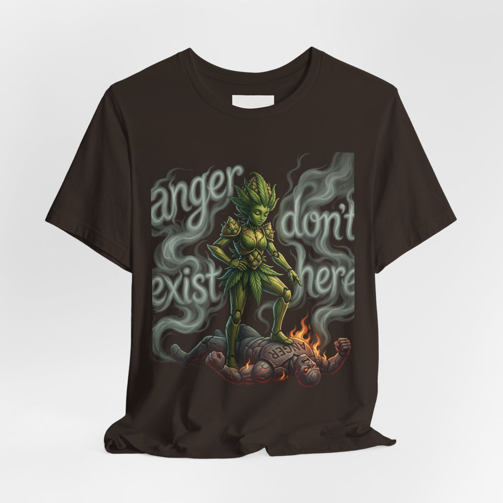 T-Shirt — 'Anger Don't Exist Here' Green Forest Spirit Graphic Tee (Front/Back Cannabis Plant Design)