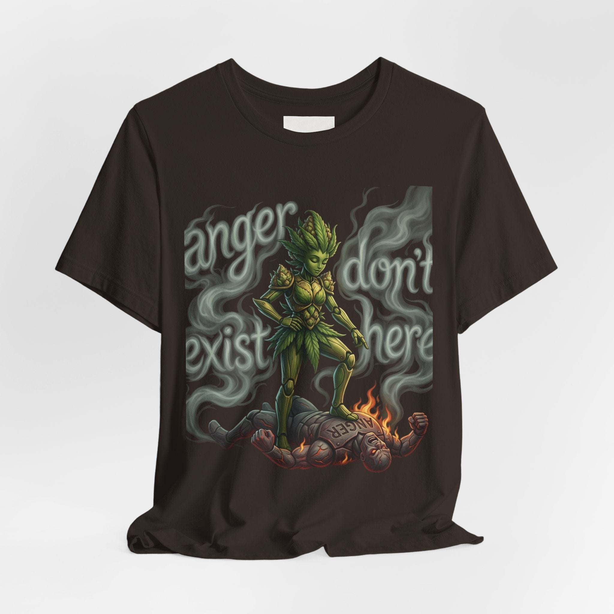 T-Shirt — 'Anger Don't Exist Here' Green Forest Spirit Graphic Tee (Front/Back Cannabis Plant Design)