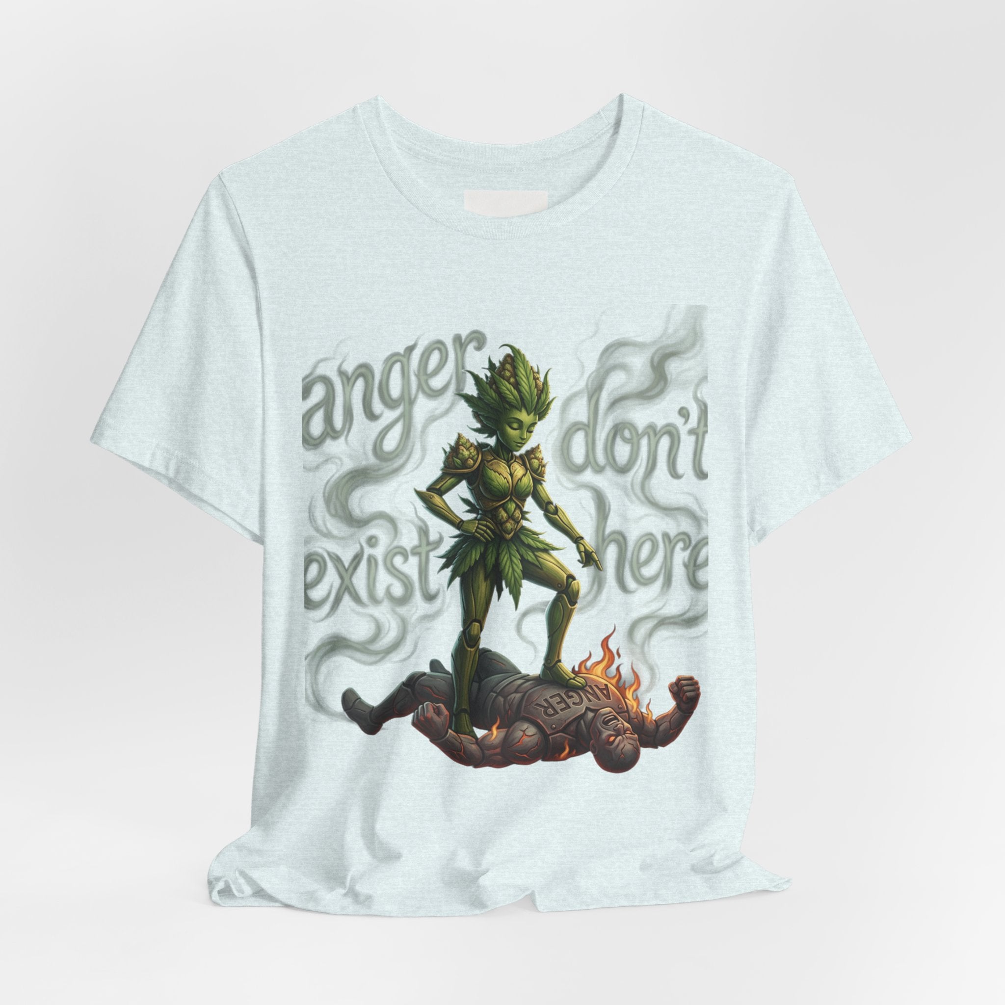 T-Shirt — 'Anger Don't Exist Here' Green Forest Spirit Graphic Tee (Front/Back Cannabis Plant Design)