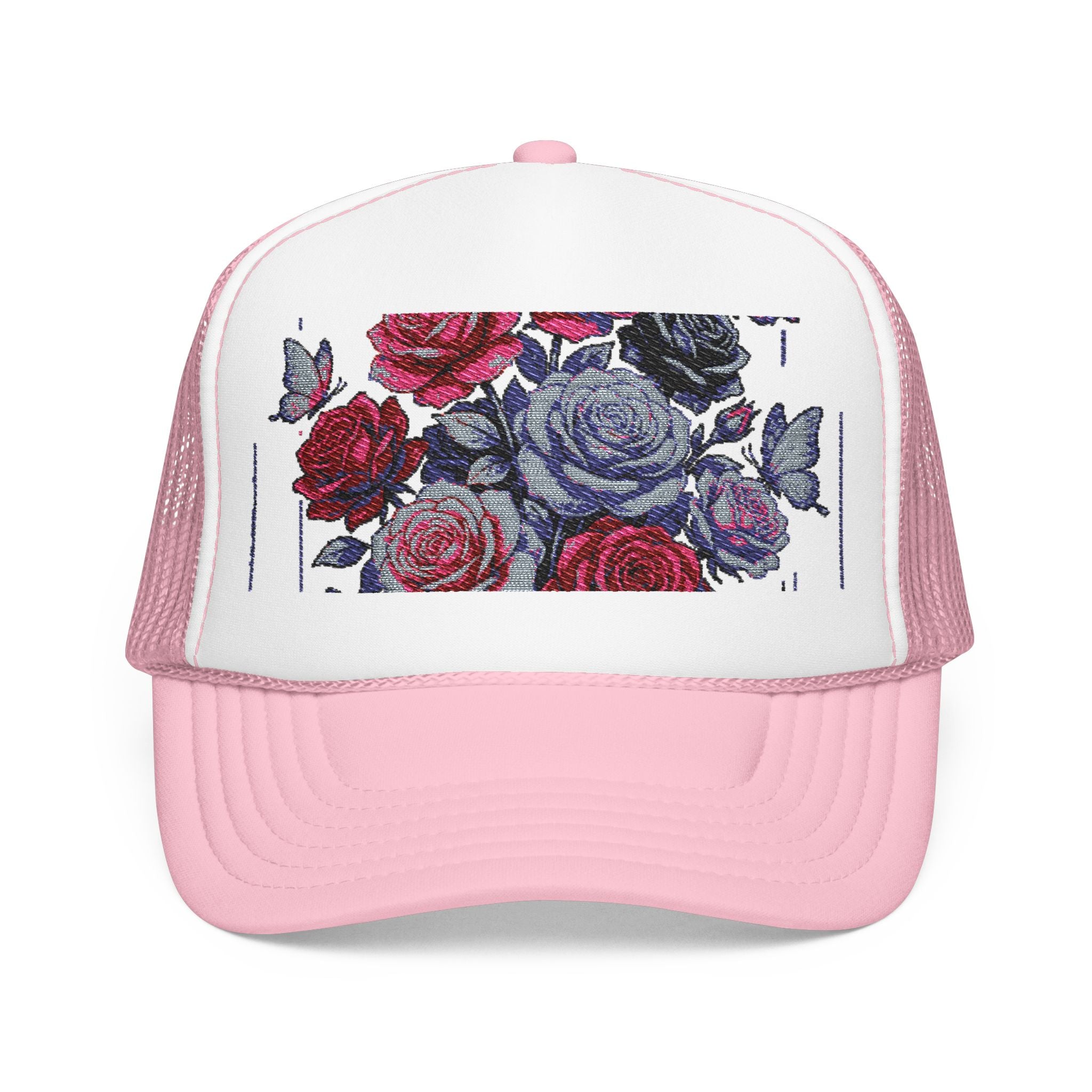 Rose Pixel Art Trucker Hat — Floral Retro Foam Mesh Cap