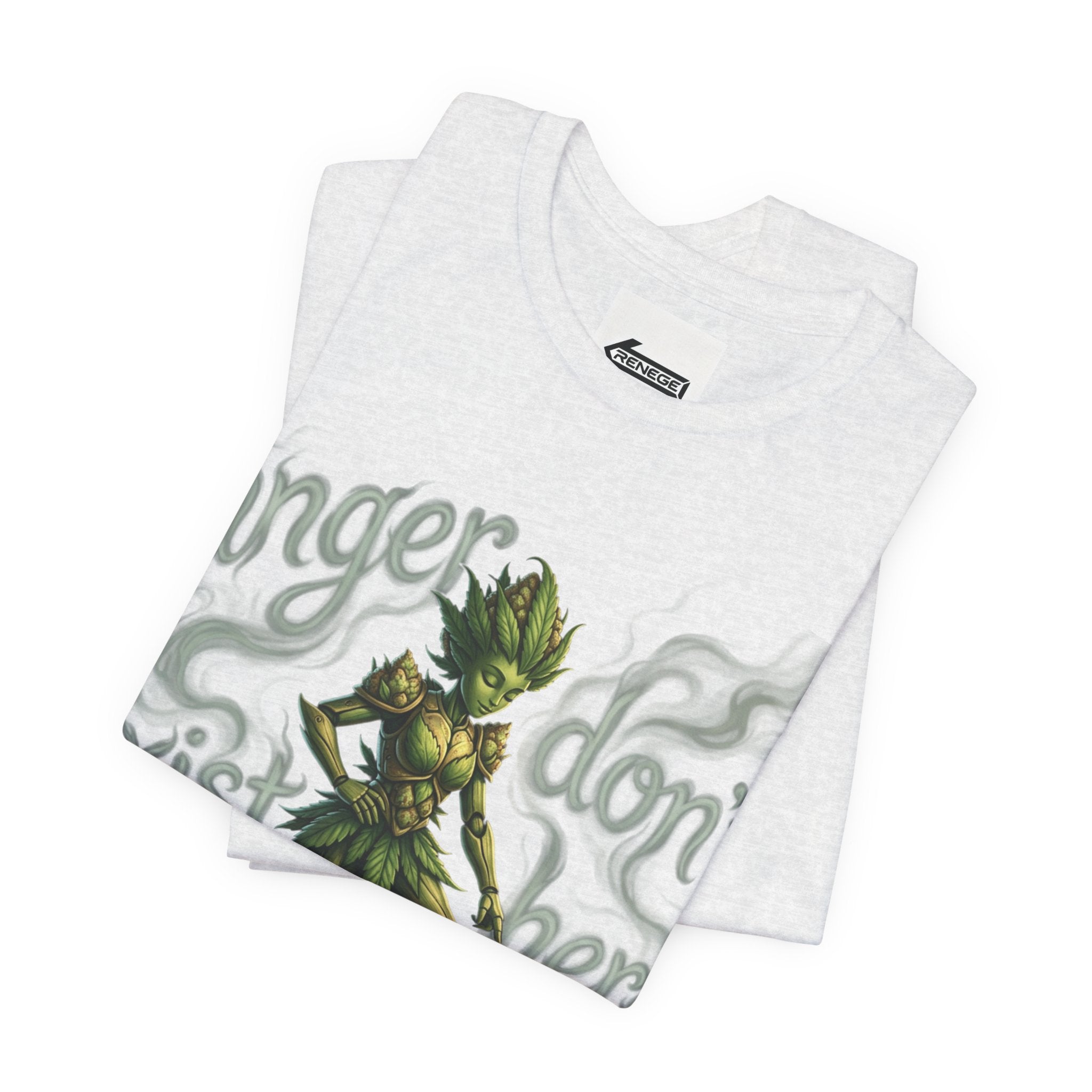 T-Shirt — 'Anger Don't Exist Here' Green Forest Spirit Graphic Tee (Front/Back Cannabis Plant Design)