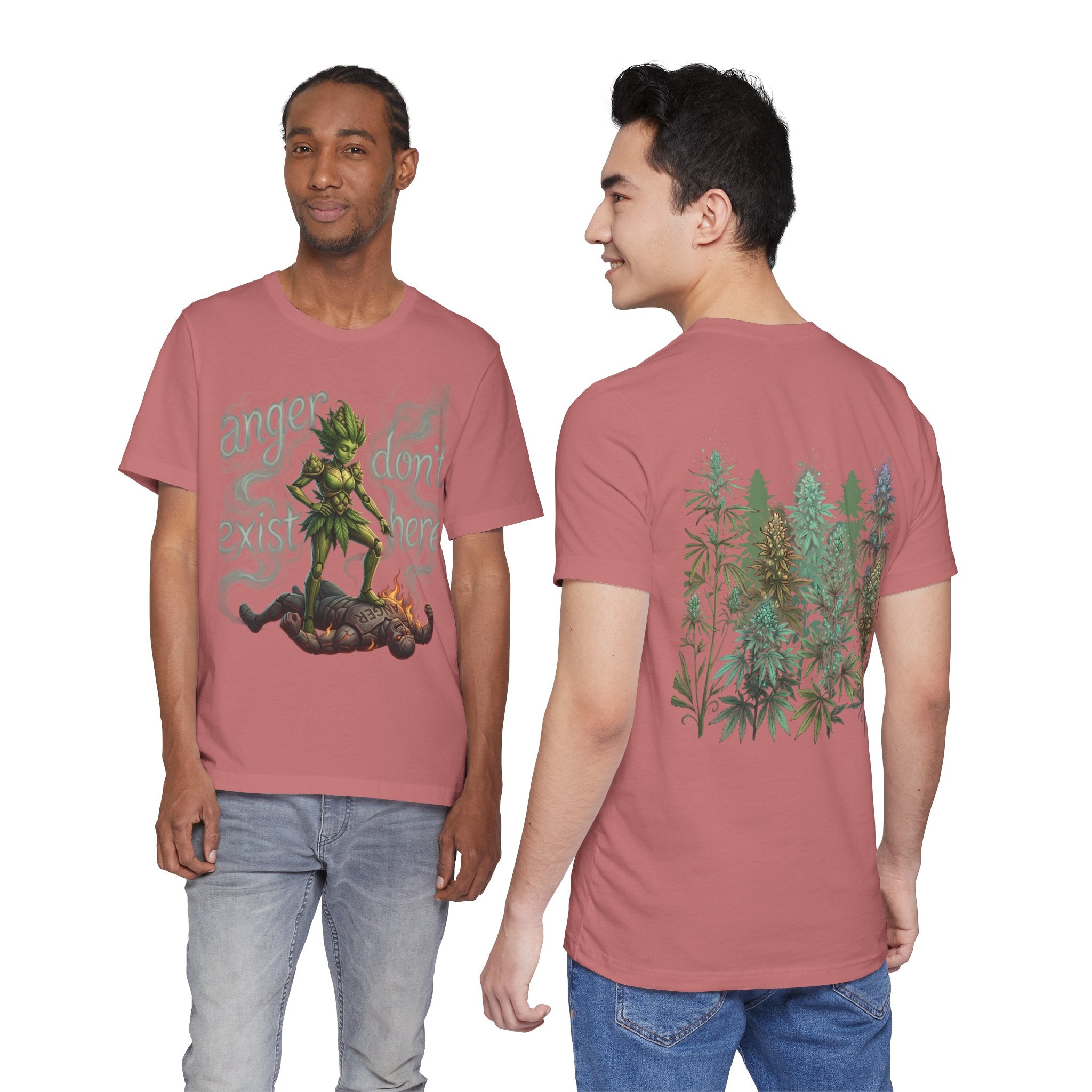 T-Shirt — 'Anger Don't Exist Here' Green Forest Spirit Graphic Tee (Front/Back Cannabis Plant Design)