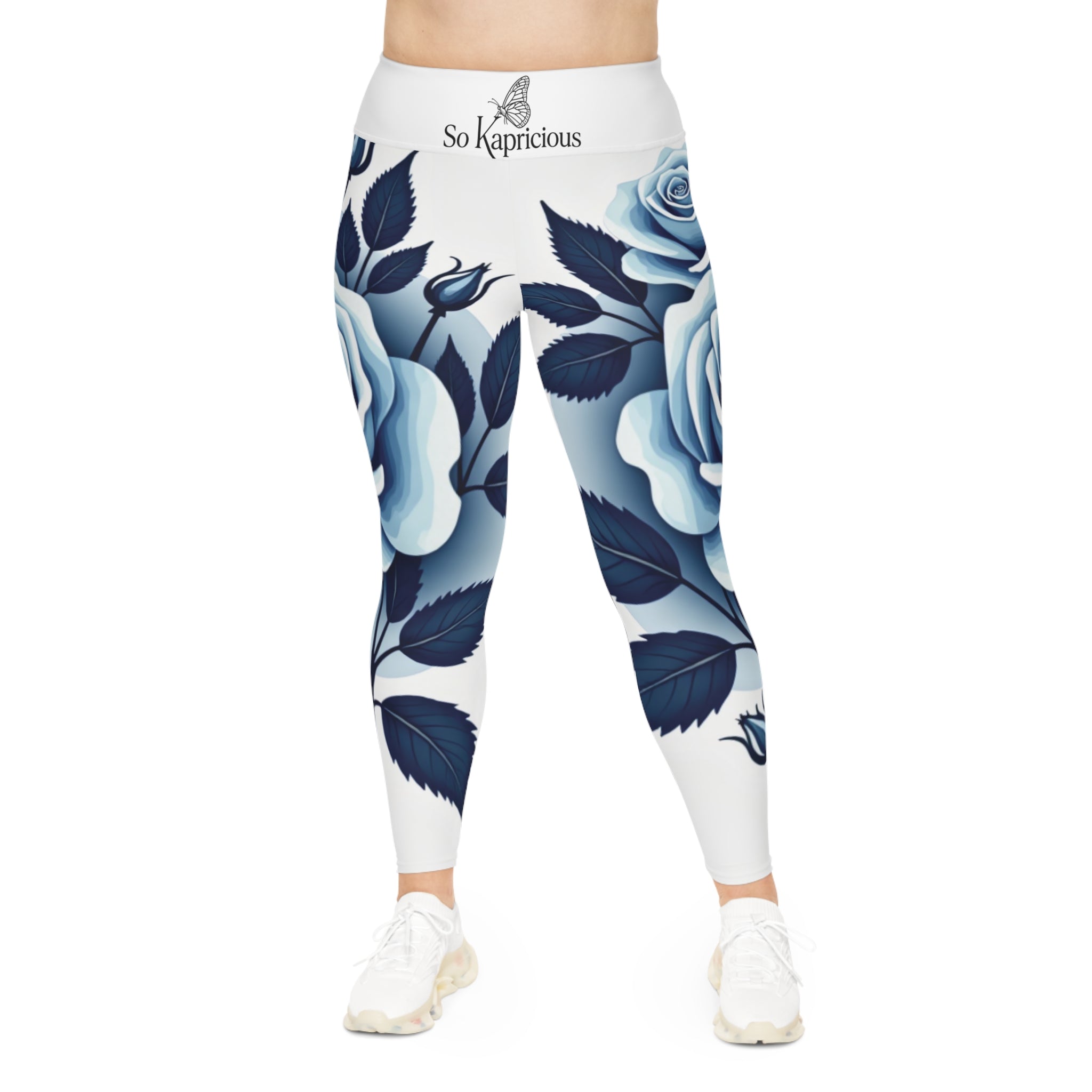 Plus Size Blue Rose Leggings — Floral All-Over Print High-Waist Activewear
