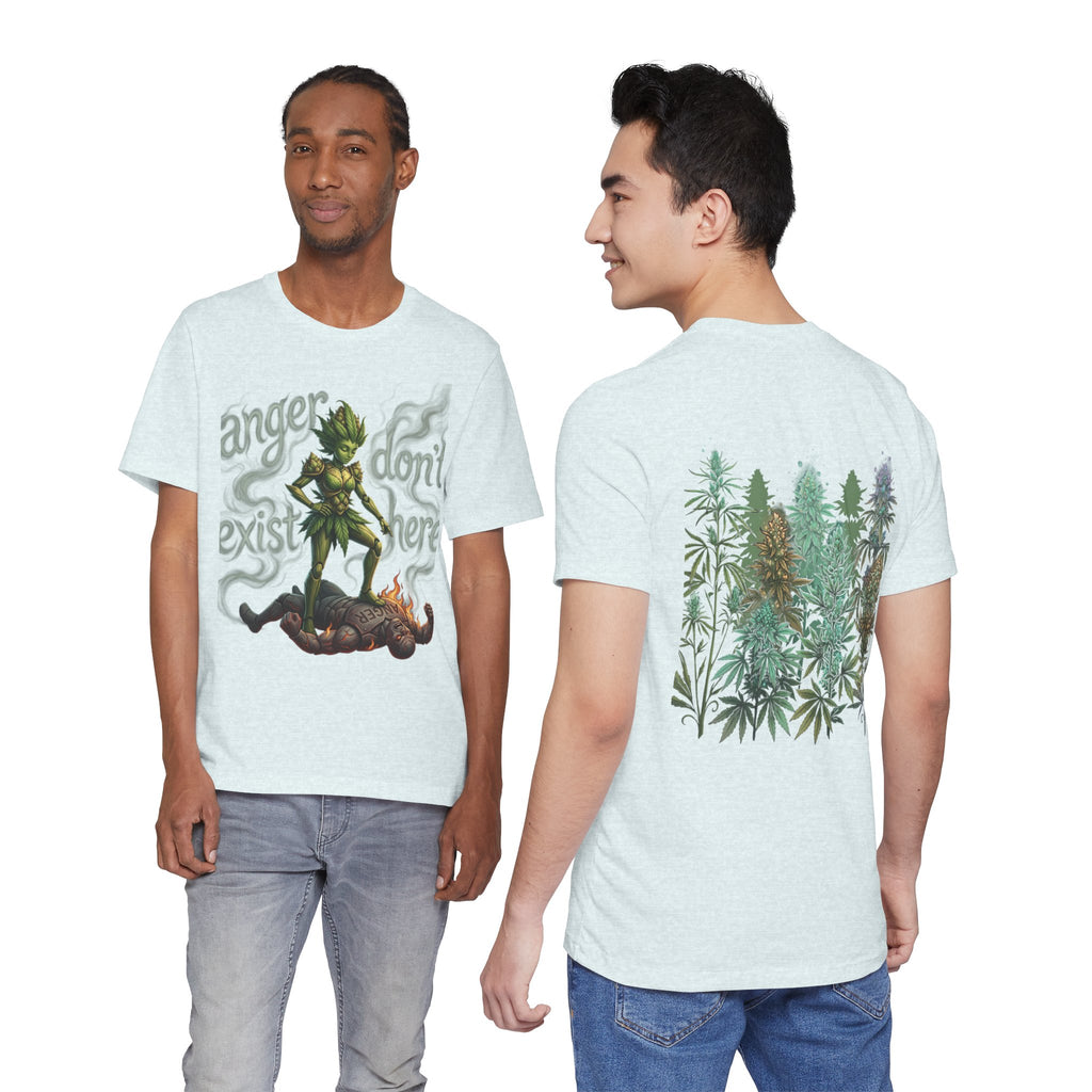 T-Shirt — 'Anger Don't Exist Here' Green Forest Spirit Graphic Tee (Front/Back Cannabis Plant Design)