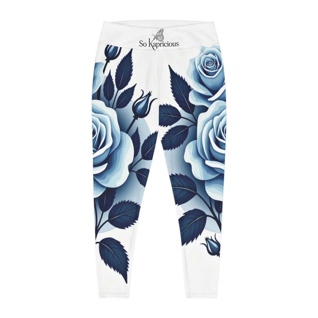 Plus Size Blue Rose Leggings — Floral All-Over Print High-Waist Activewear