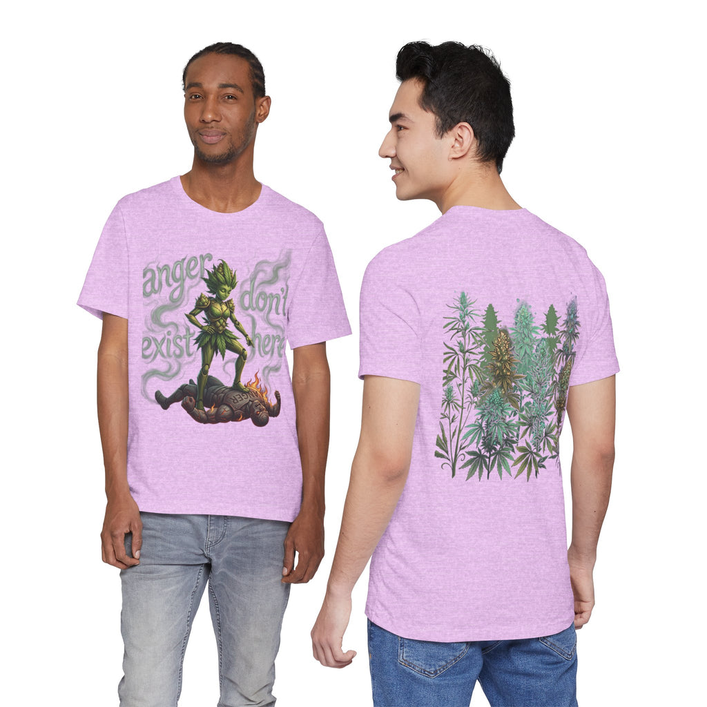 T-Shirt — 'Anger Don't Exist Here' Green Forest Spirit Graphic Tee (Front/Back Cannabis Plant Design)