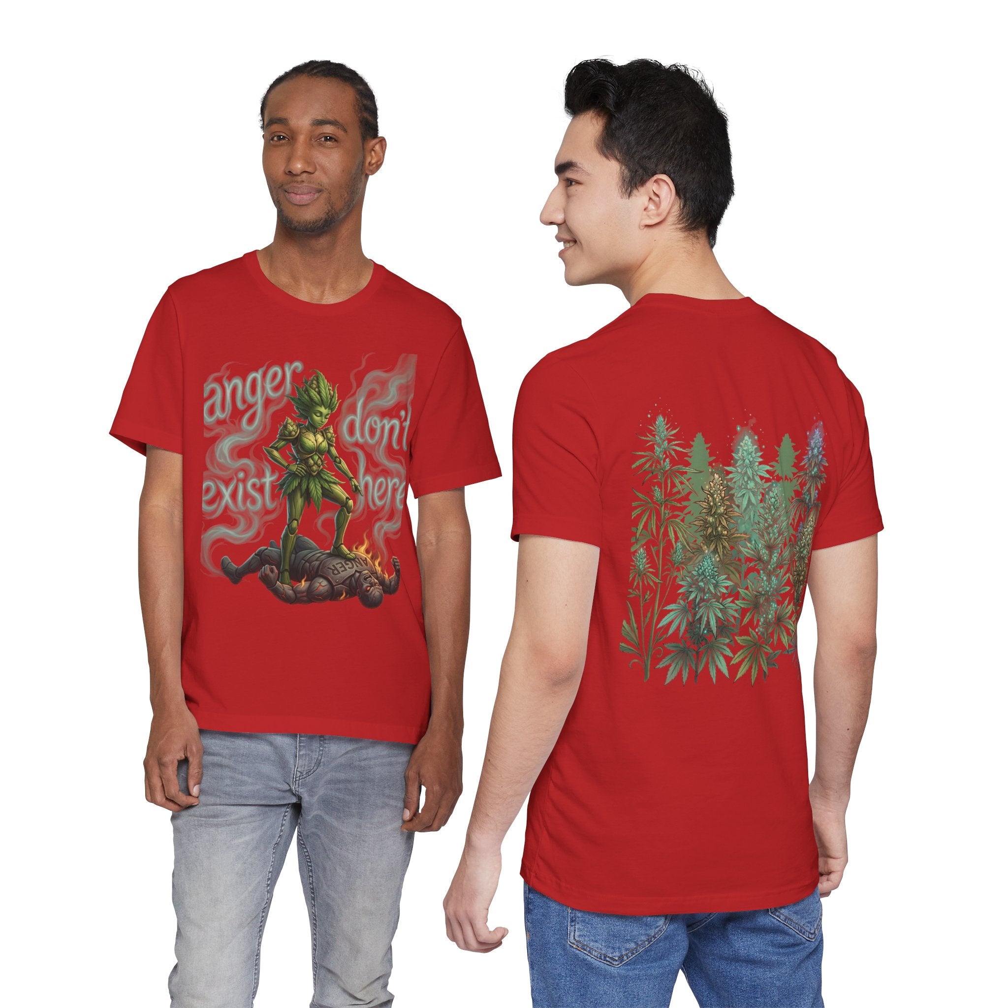 T-Shirt — 'Anger Don't Exist Here' Green Forest Spirit Graphic Tee (Front/Back Cannabis Plant Design)