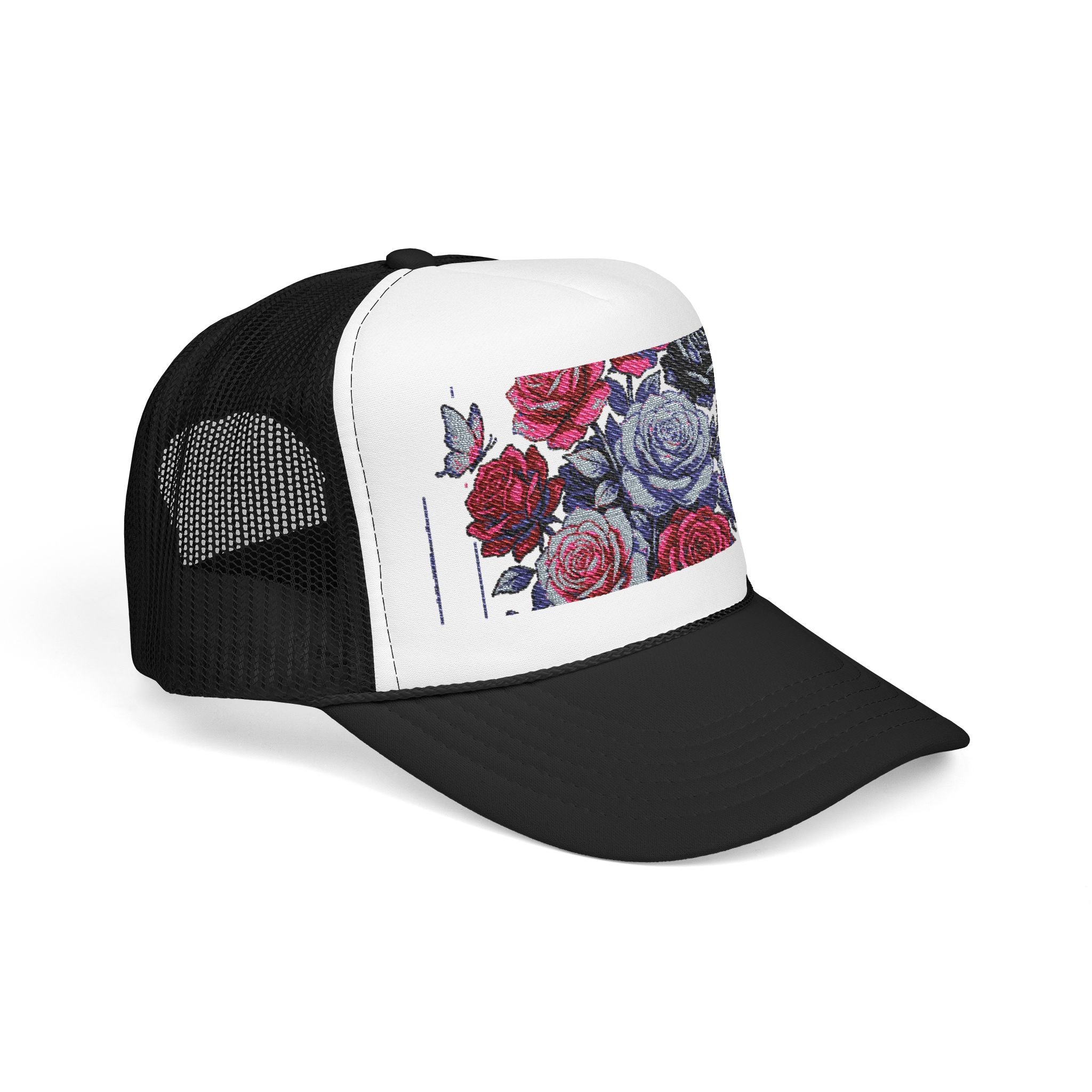 Rose Pixel Art Trucker Hat — Floral Retro Foam Mesh Cap