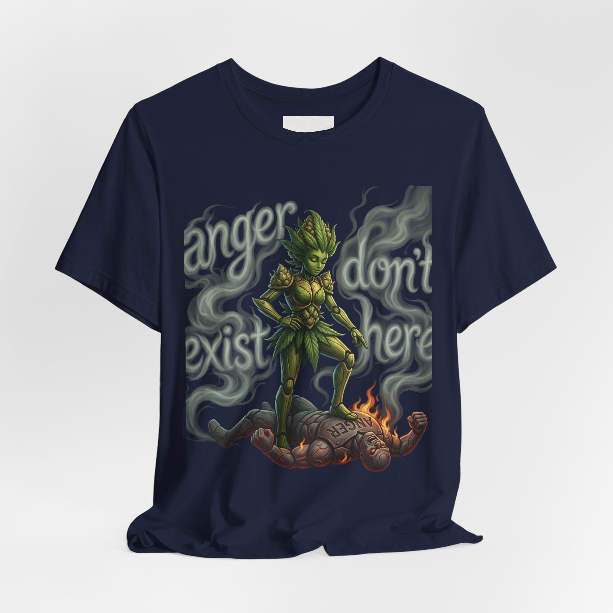 T-Shirt — 'Anger Don't Exist Here' Green Forest Spirit Graphic Tee (Front/Back Cannabis Plant Design)