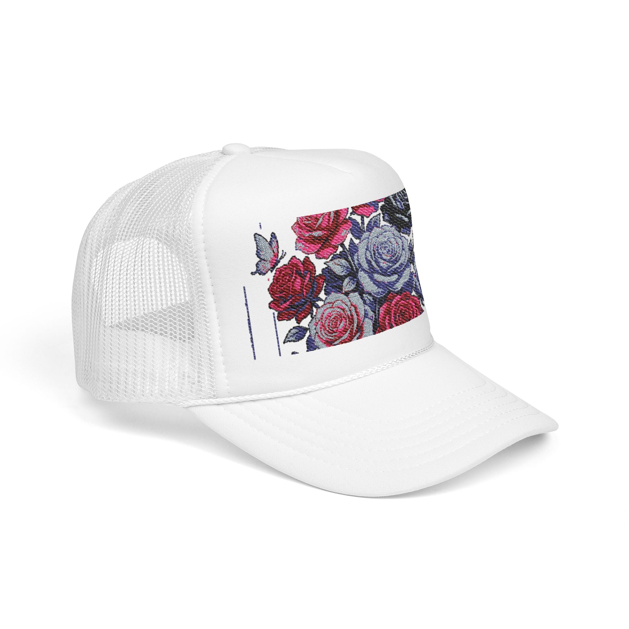 Rose Pixel Art Trucker Hat — Floral Retro Foam Mesh Cap