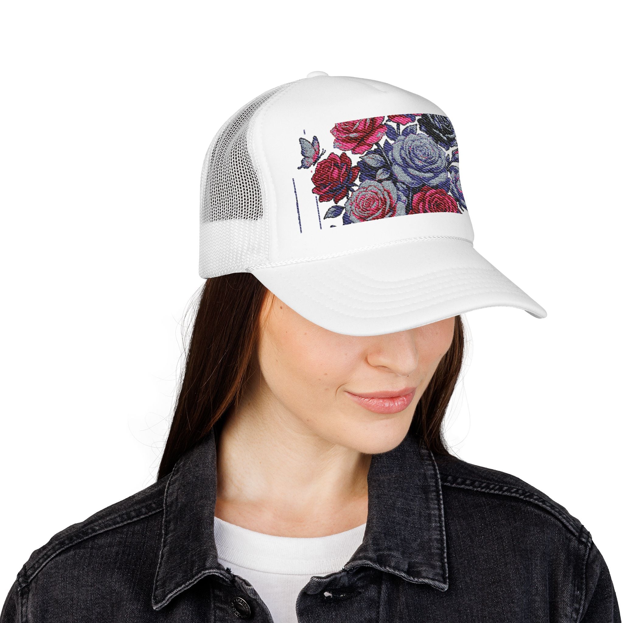 Rose Pixel Art Trucker Hat — Floral Retro Foam Mesh Cap