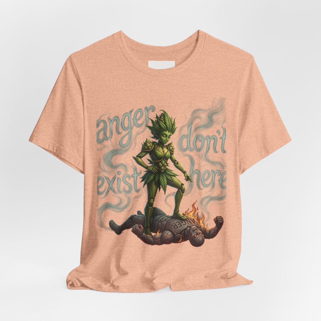 T-Shirt — 'Anger Don't Exist Here' Green Forest Spirit Graphic Tee (Front/Back Cannabis Plant Design)