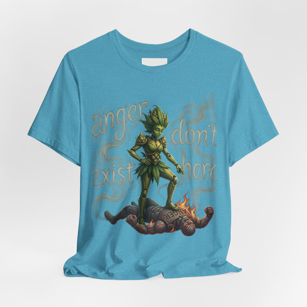 T-Shirt — 'Anger Don't Exist Here' Green Forest Spirit Graphic Tee (Front/Back Cannabis Plant Design)