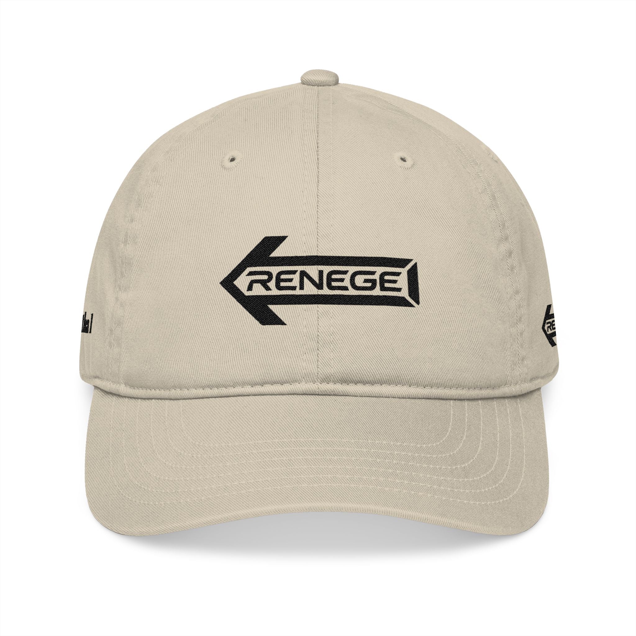 Organic Embroidered Baseball Cap – 'RENEGE' Arrow Design, EastSide Back Stamp