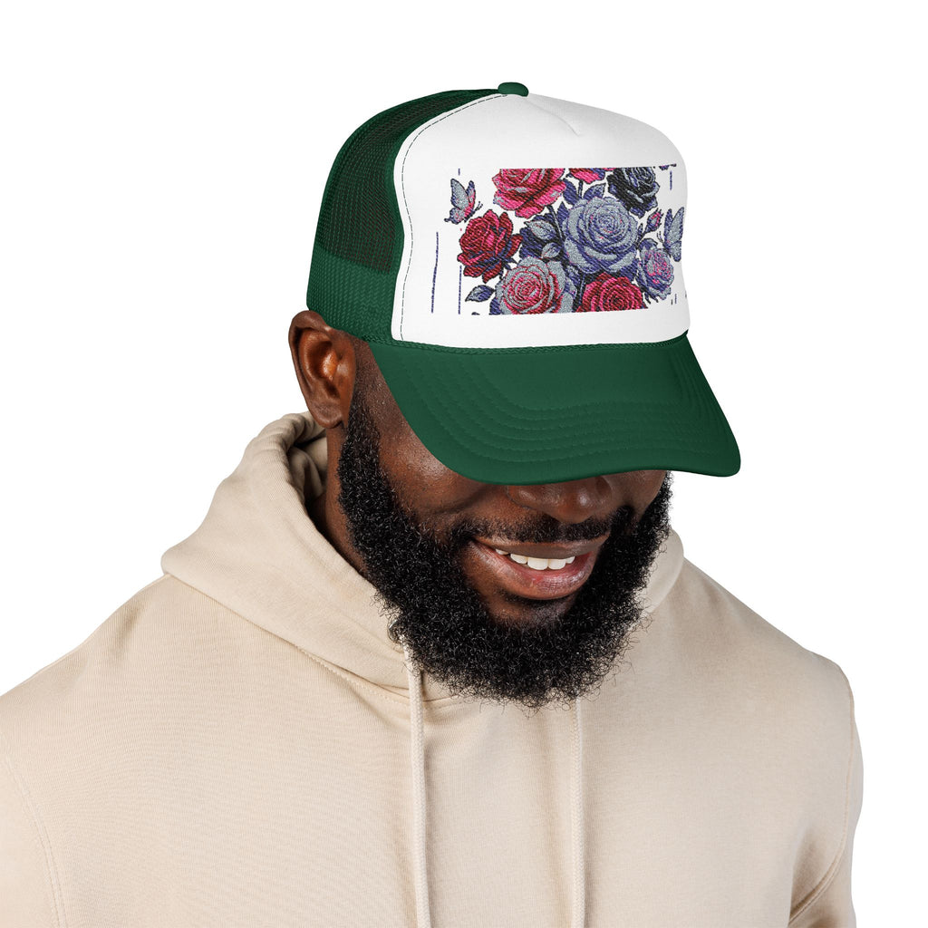 Rose Pixel Art Trucker Hat — Floral Retro Foam Mesh Cap
