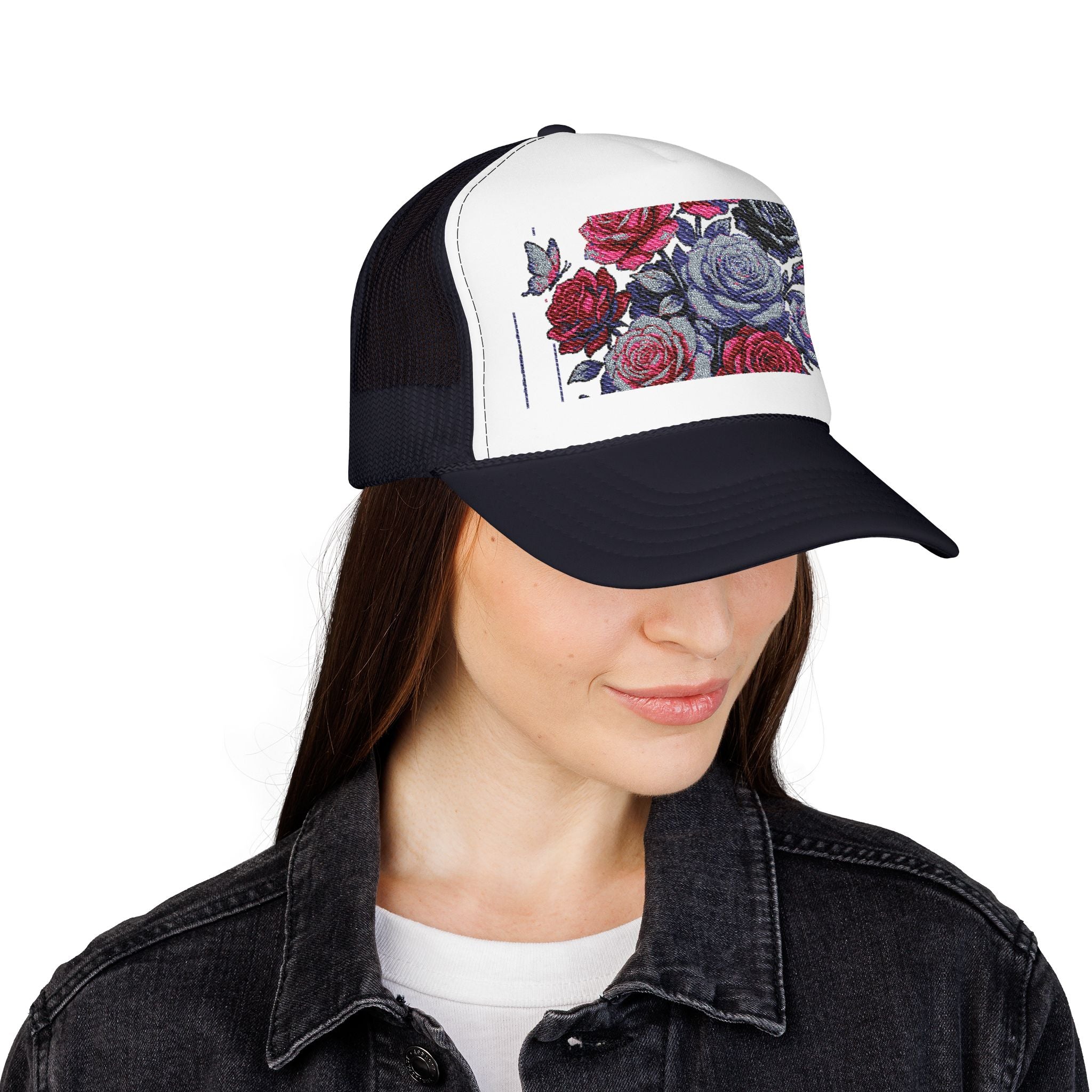 Rose Pixel Art Trucker Hat — Floral Retro Foam Mesh Cap