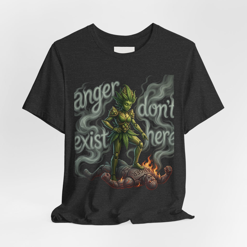 T-Shirt — 'Anger Don't Exist Here' Green Forest Spirit Graphic Tee (Front/Back Cannabis Plant Design)