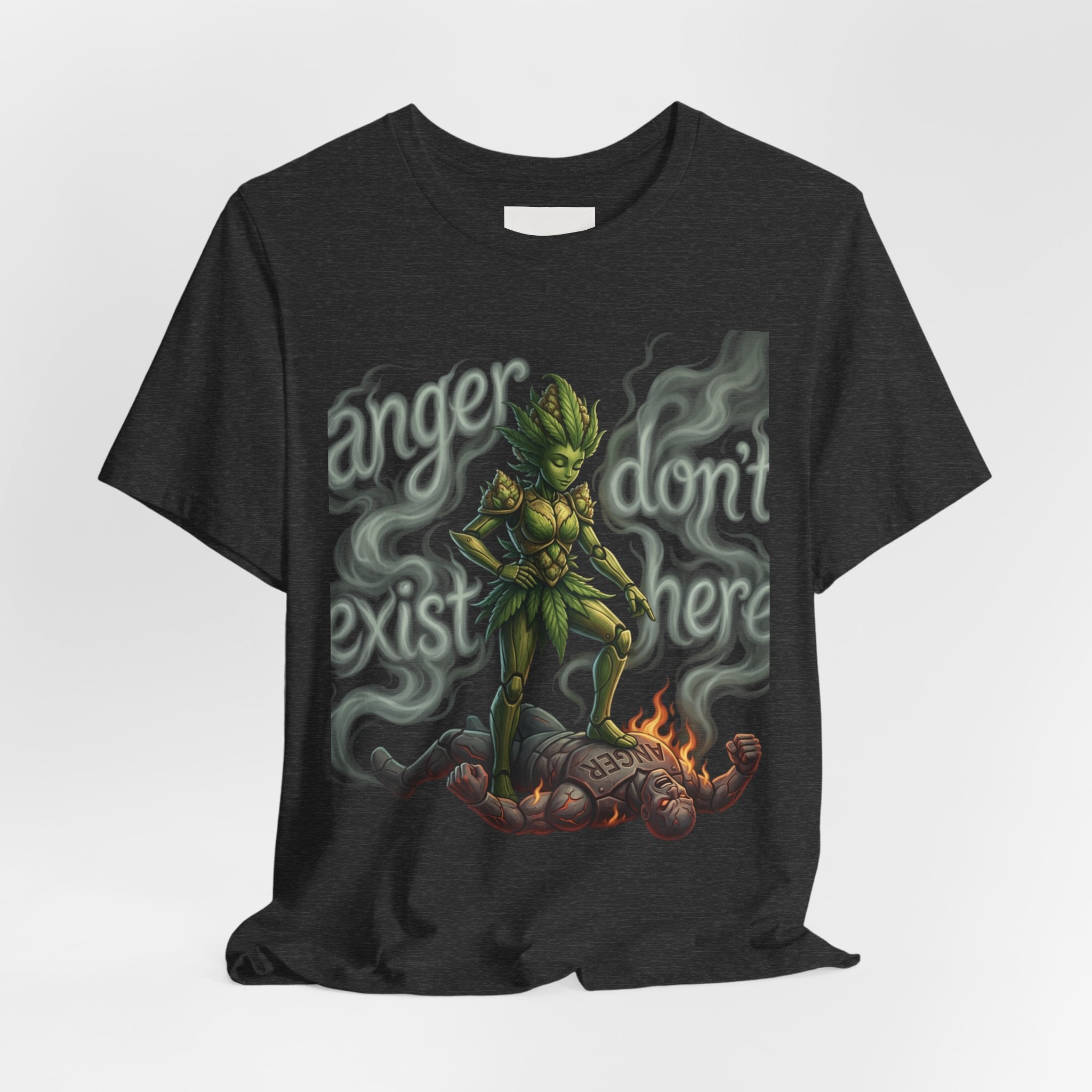 T-Shirt — 'Anger Don't Exist Here' Green Forest Spirit Graphic Tee (Front/Back Cannabis Plant Design)