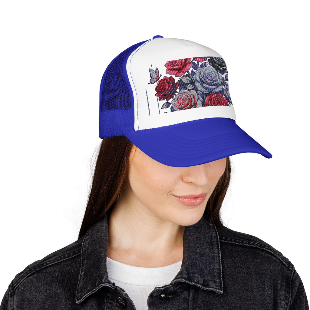 Rose Pixel Art Trucker Hat — Floral Retro Foam Mesh Cap