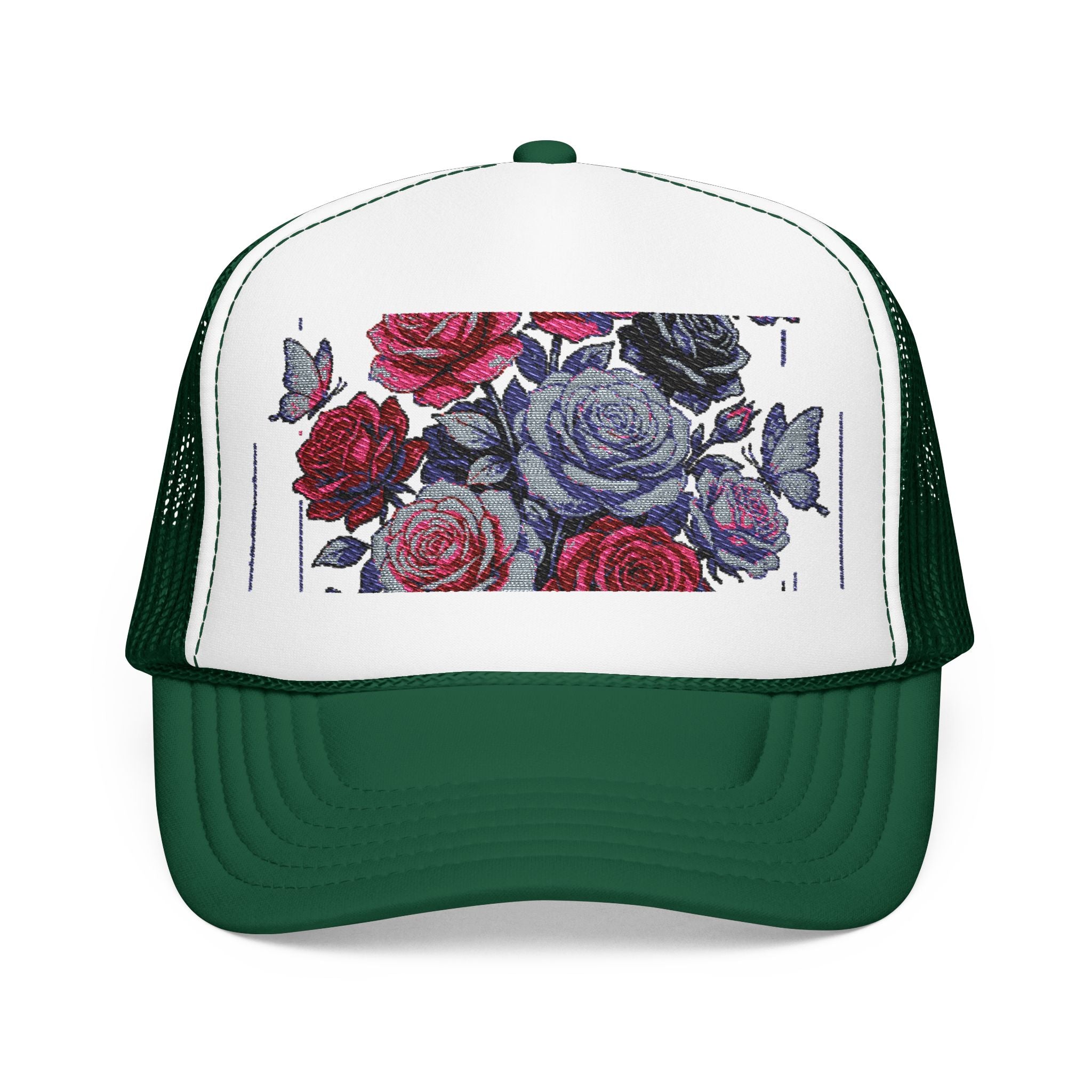 Rose Pixel Art Trucker Hat — Floral Retro Foam Mesh Cap