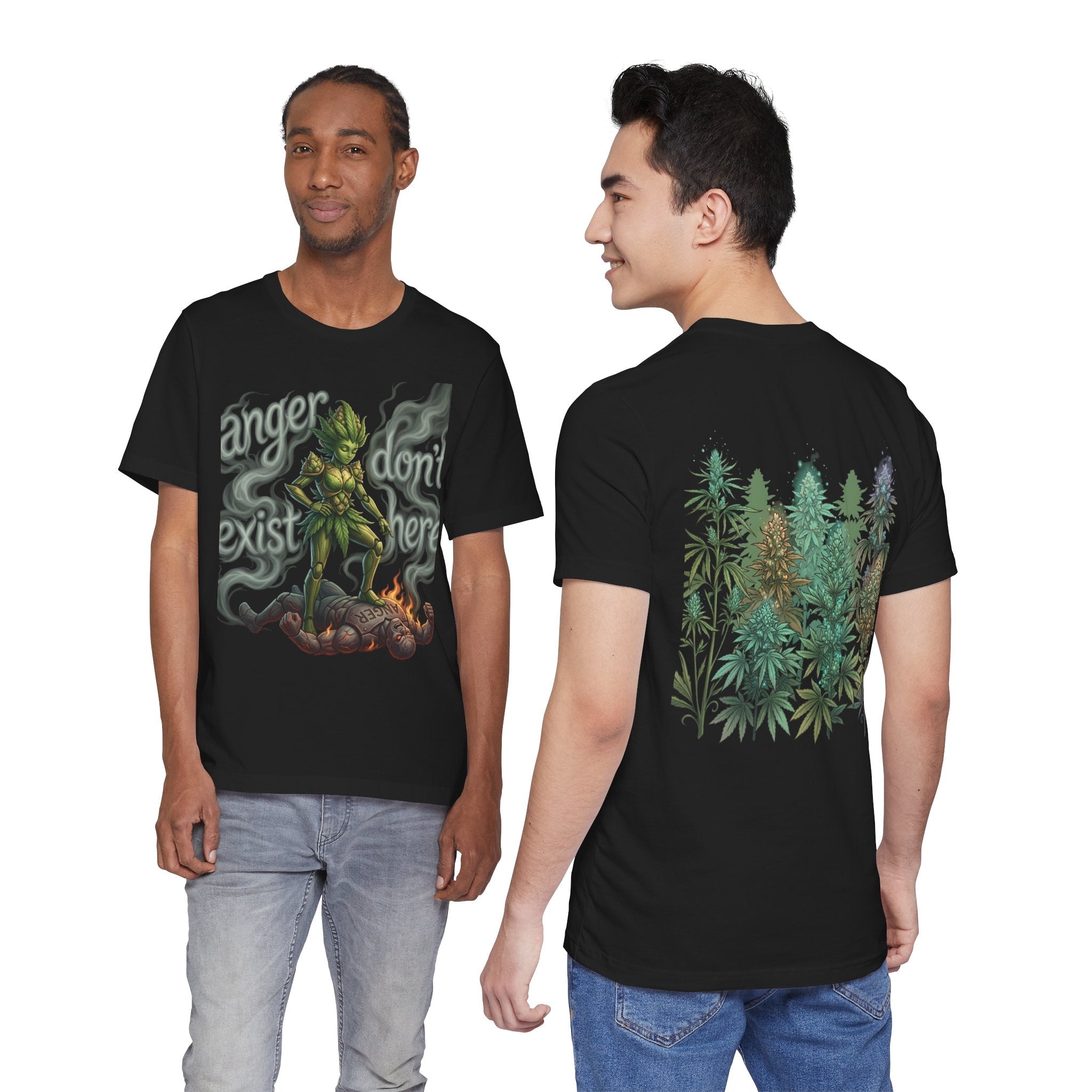 T-Shirt — 'Anger Don't Exist Here' Green Forest Spirit Graphic Tee (Front/Back Cannabis Plant Design)
