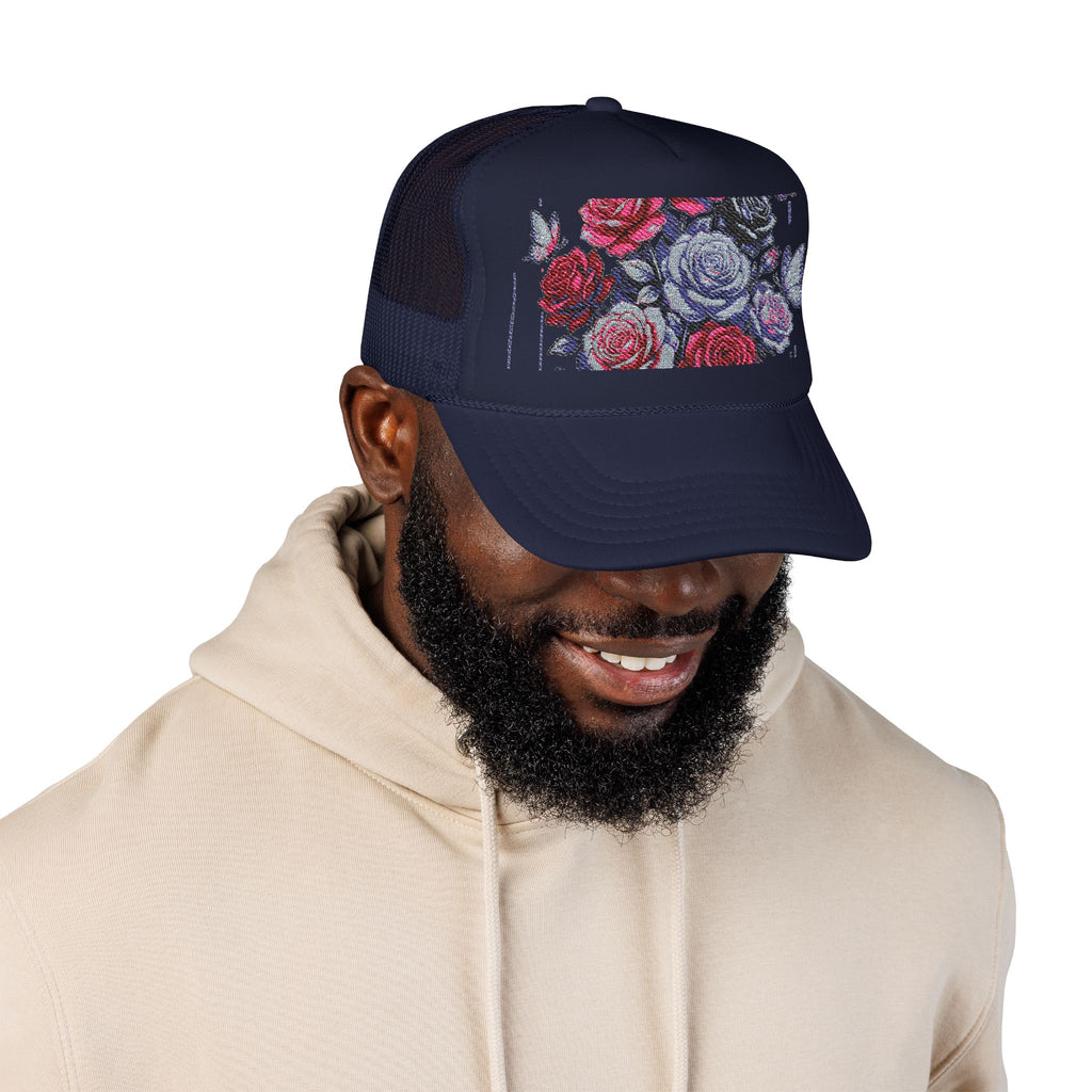 Rose Pixel Art Trucker Hat — Floral Retro Foam Mesh Cap