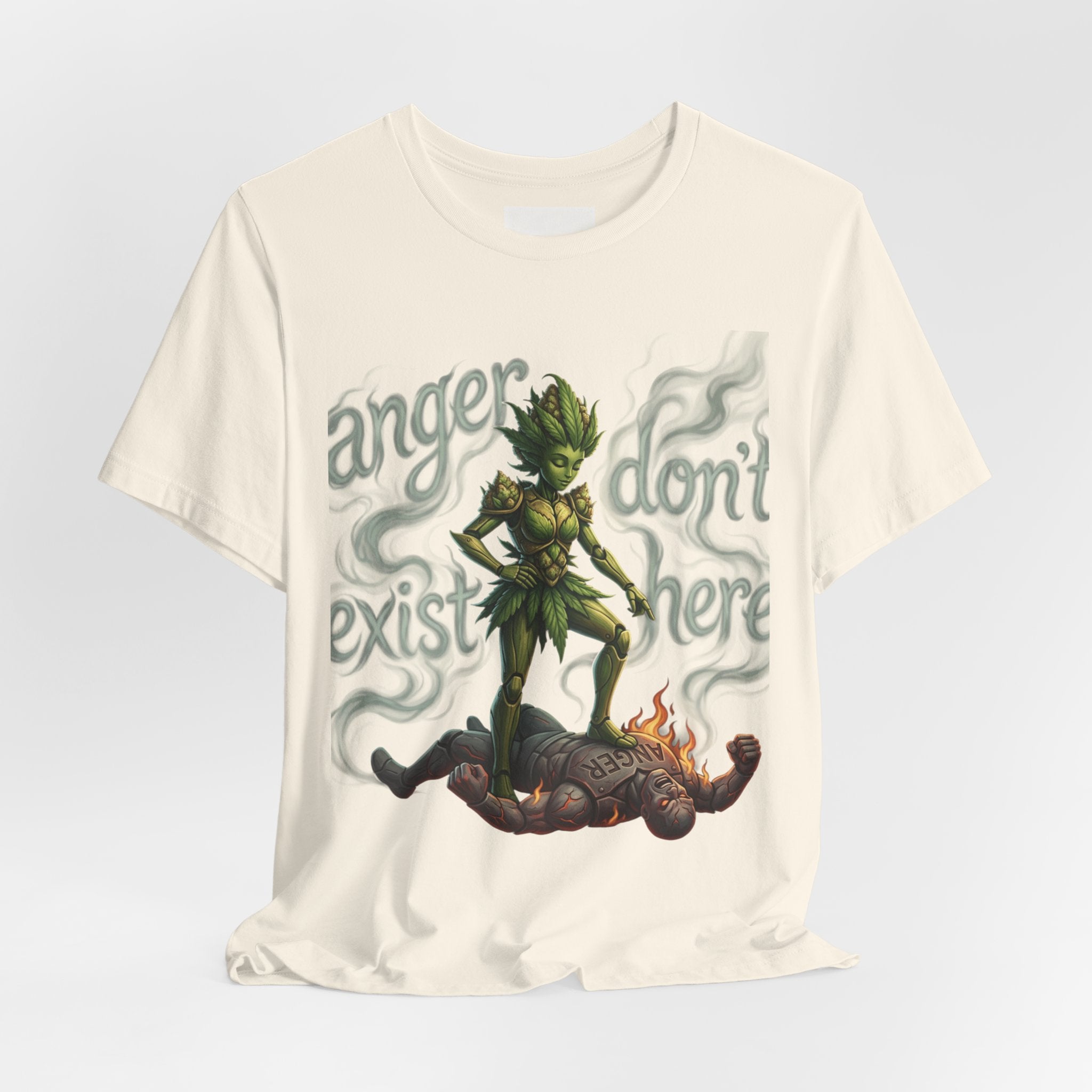 T-Shirt — 'Anger Don't Exist Here' Green Forest Spirit Graphic Tee (Front/Back Cannabis Plant Design)