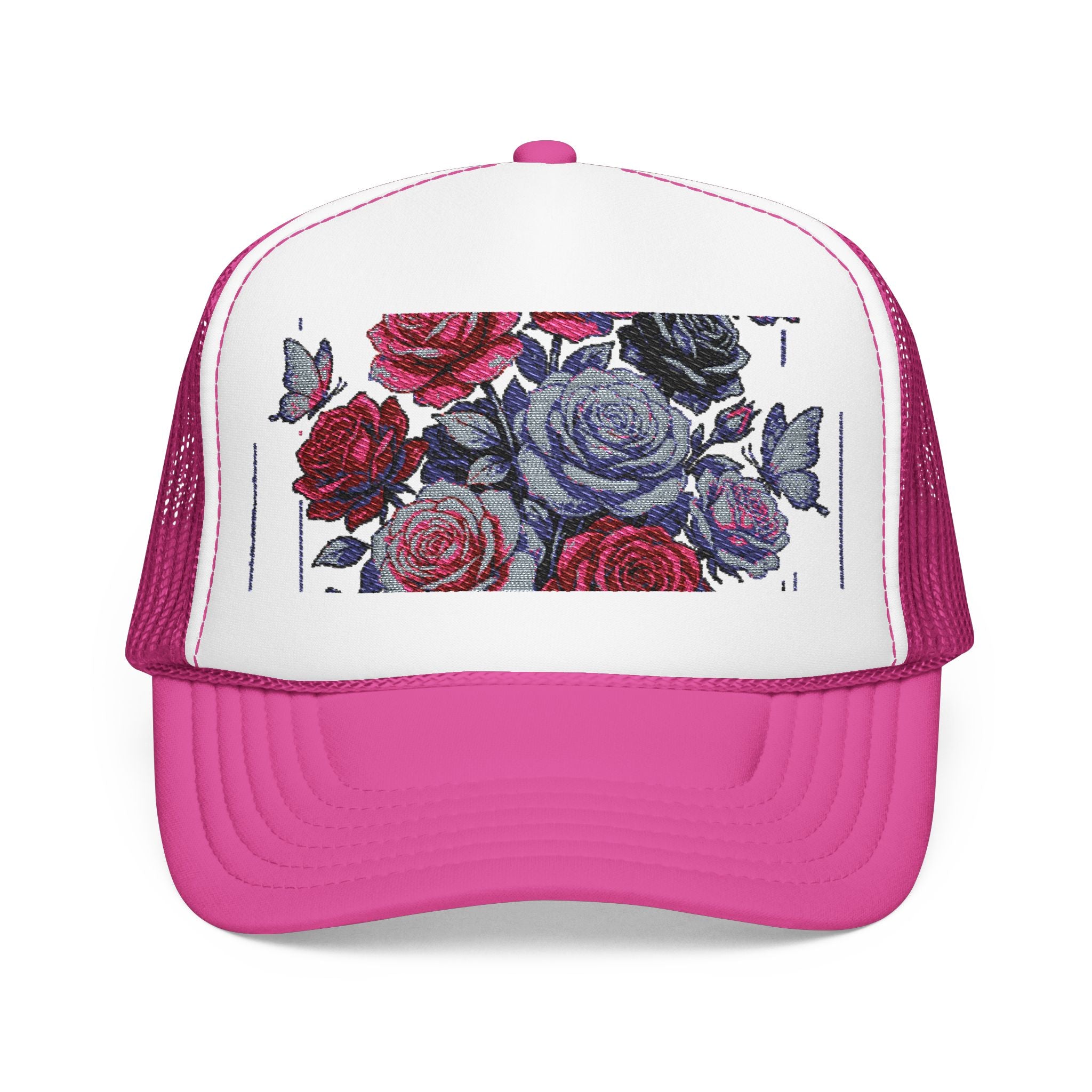 Rose Pixel Art Trucker Hat — Floral Retro Foam Mesh Cap